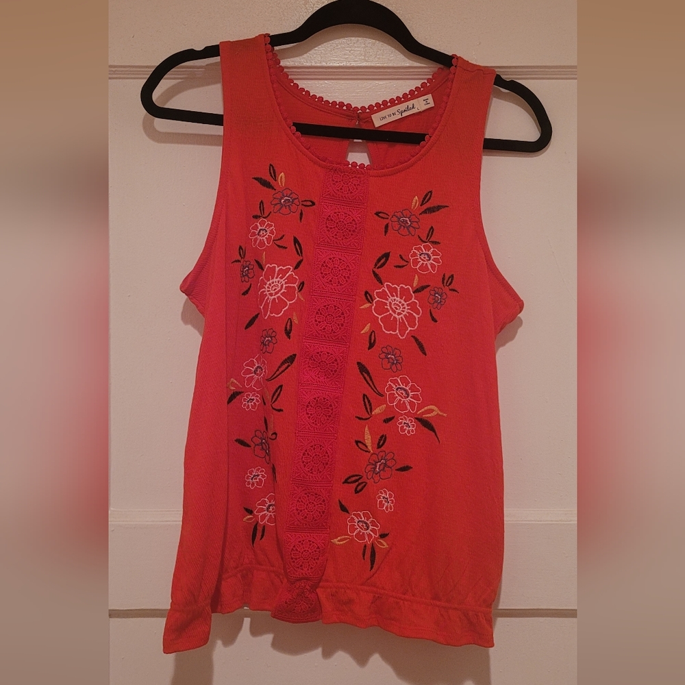 Live To Be Splendid Orange Floral Stitch PomPom Tank Top Blouse